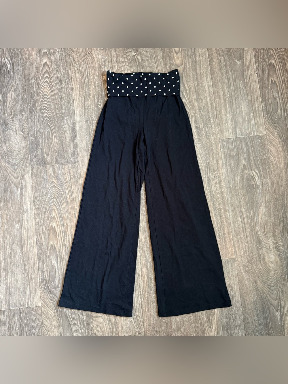 black polka dot cotton foldover waistband wide leg pants